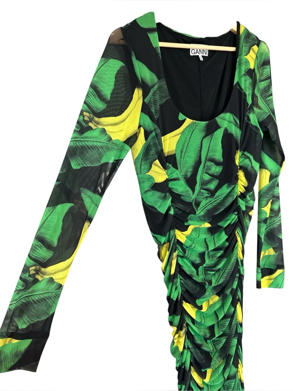 Ganni Tulle Ruched Gathered Bodycon Midi Dress Green Floral Print